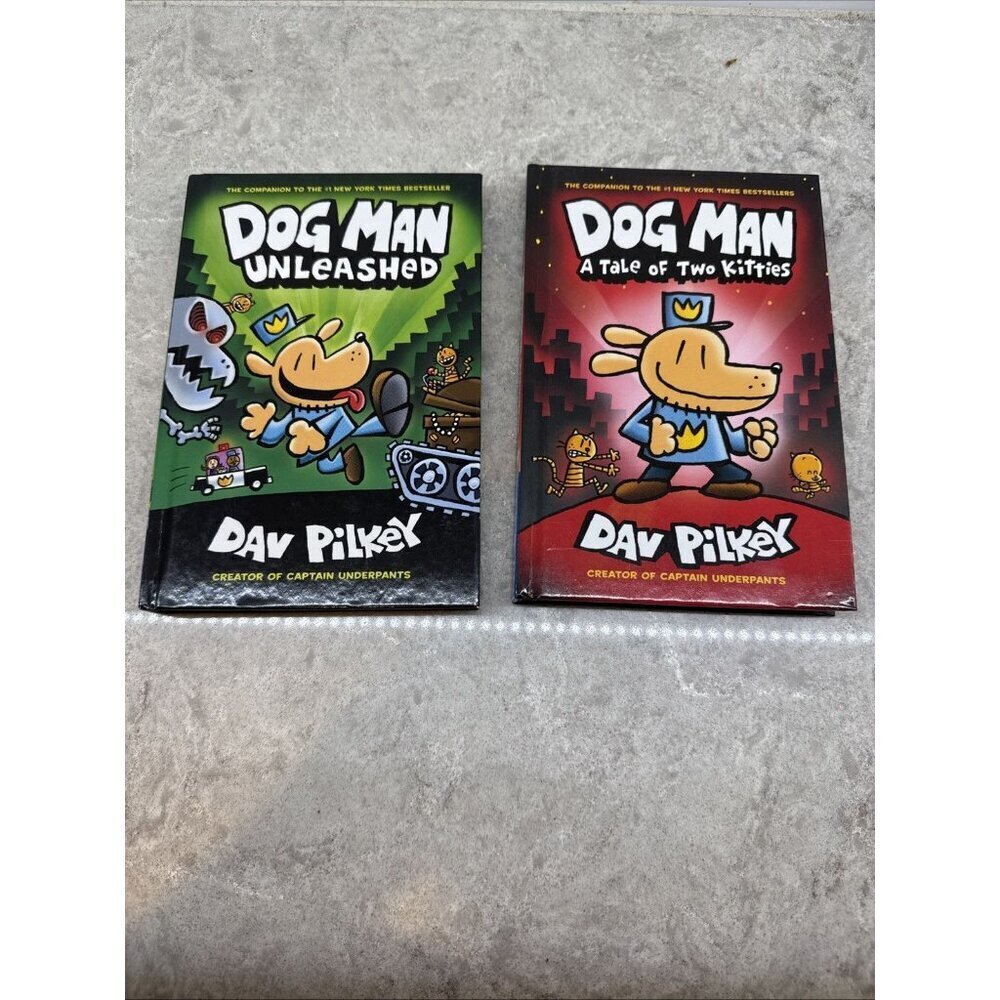 DOG MAN Hardcover lot of 2 books: Unleashed + Tale of Two Kitties. New